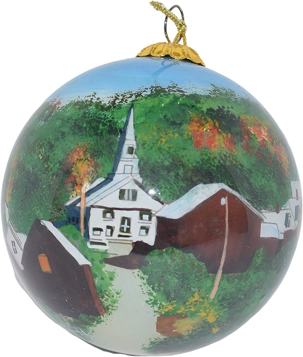 Hand Painted Glass Globe Ornament - Vermont Village