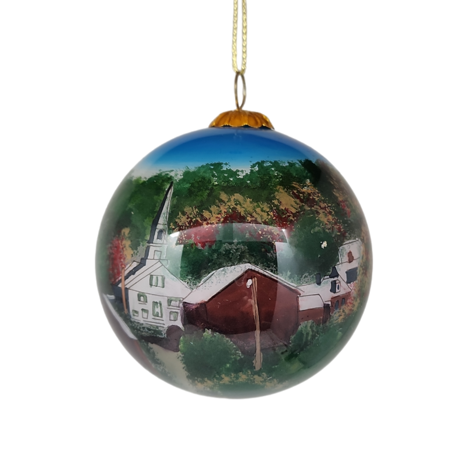 Hand Painted Glass Globe Ornament - Vermont Village