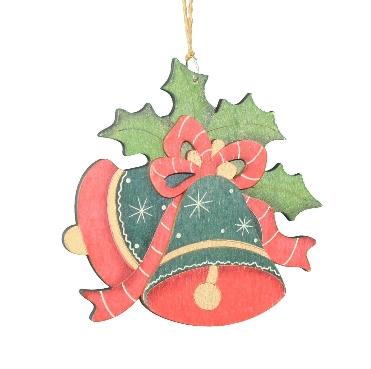 Hand Painted Wood Ornament - Bells - Red & Green