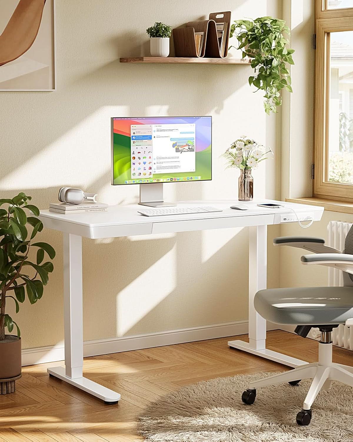 Height Adjustable Standing Desk 48x24 Inch With USB Ports And Drawer White