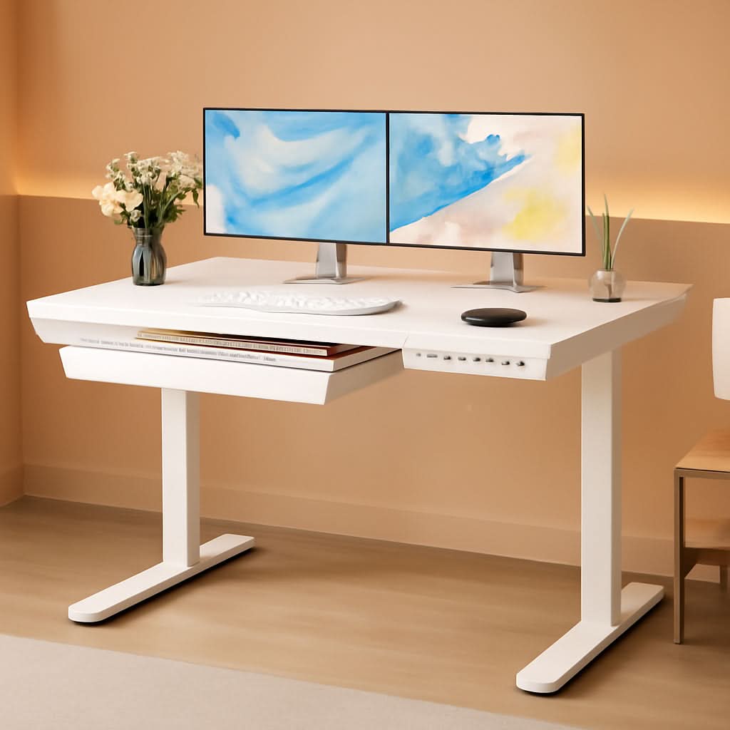 Height Adjustable Standing Desk 48x24 Inch With USB Ports And Drawer White