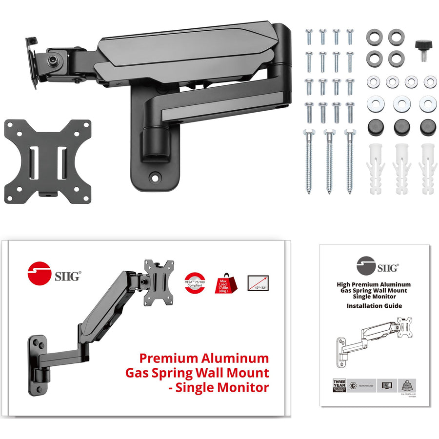 High Premium Aluminum Gas Spring Wall Mount - Single Monitor 17 to 34" - weight up to 19.8 lbs" CE-MT2L12-S1