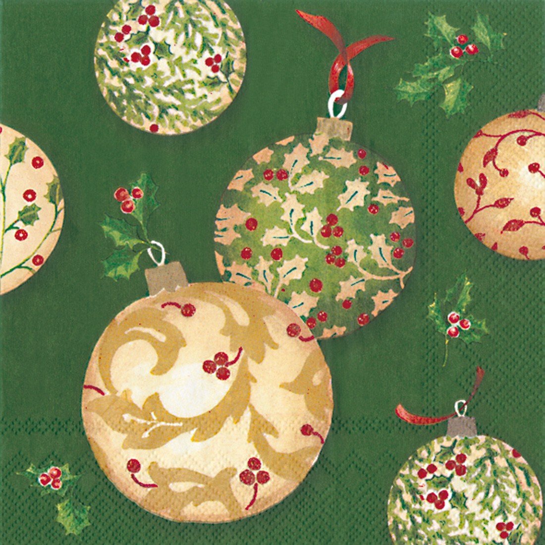 Holly Ornaments Cocktail Napkin- green
