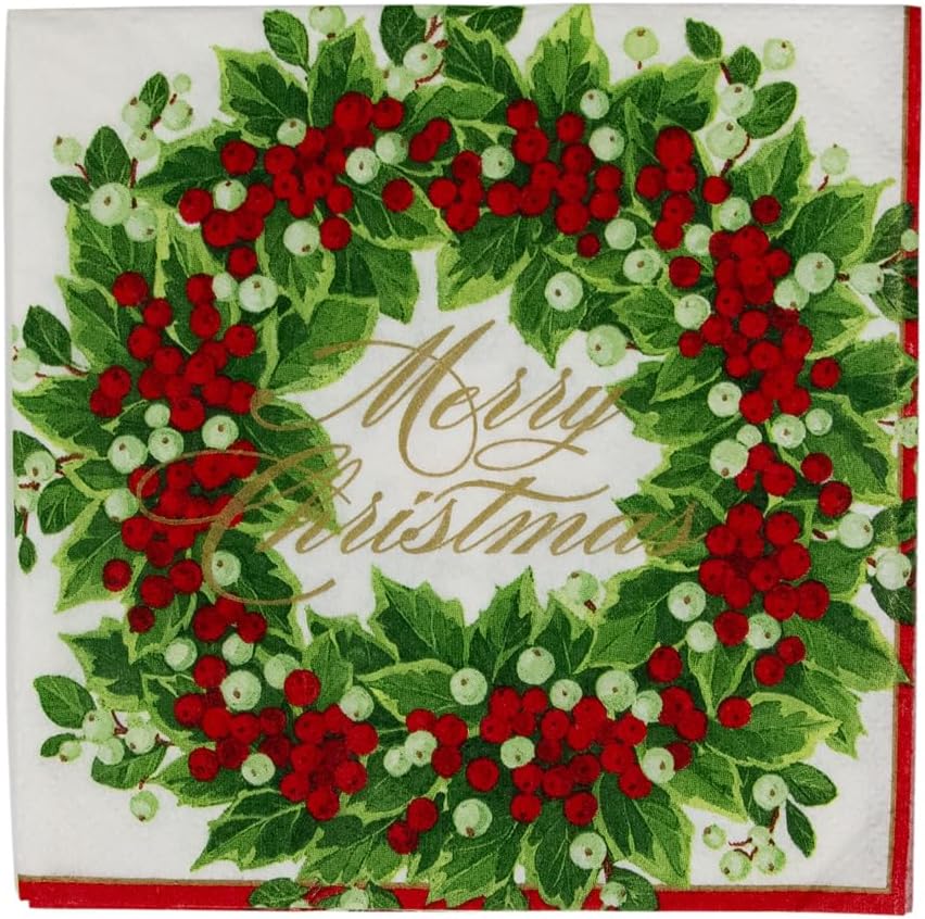 Holly and Berry Wreath Paper Cocktail Napkins