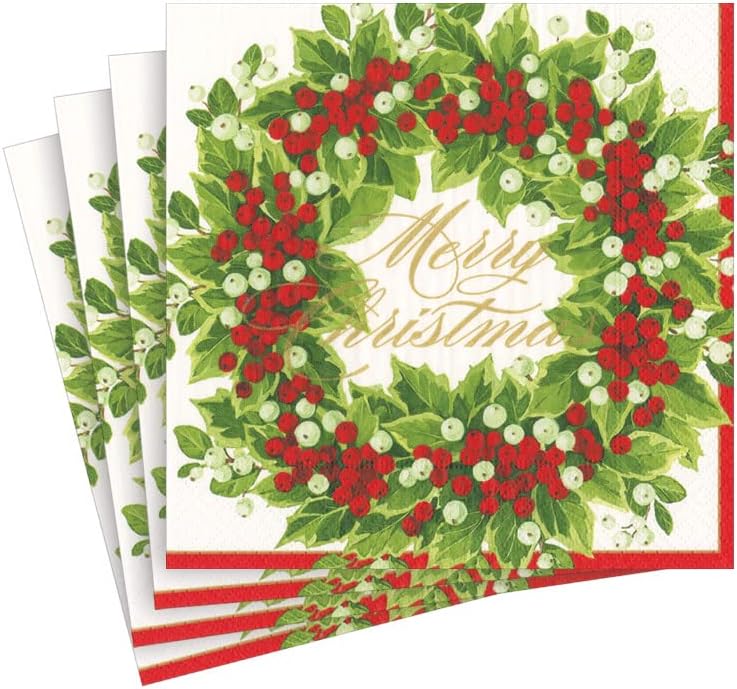Holly and Berry Wreath Paper Cocktail Napkins