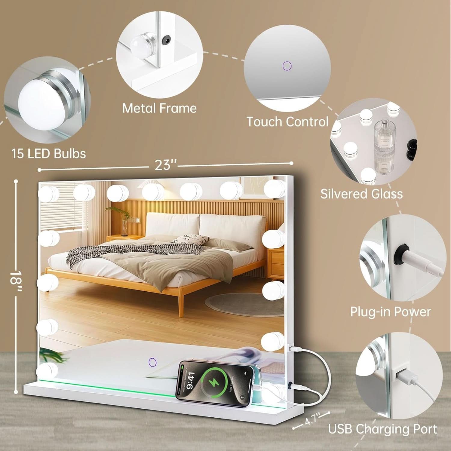 Hollywood Vanity Mirror With Lights 23x18 Inch Desk Or Wall Mount