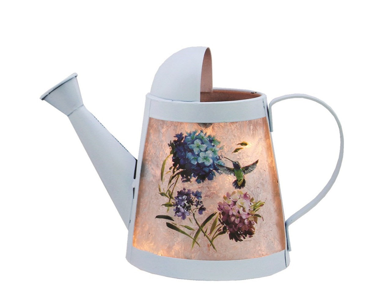 Hydrangea and Hummingbird Lighted Watering Can - Blue