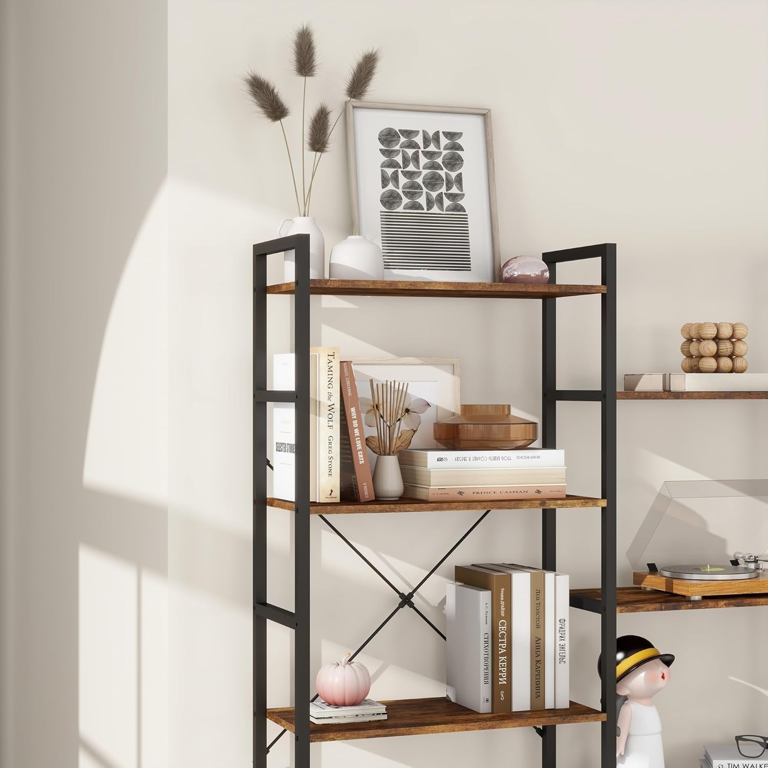 Industrial 5 Tier Bookshelf Brown Metal Frame Open Shelves