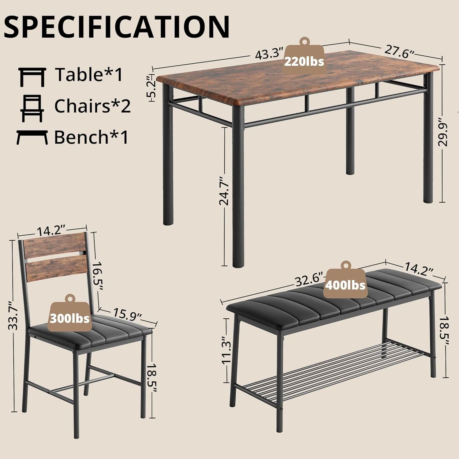 Industrial Dining Room Table Set For Four Rustic Brown