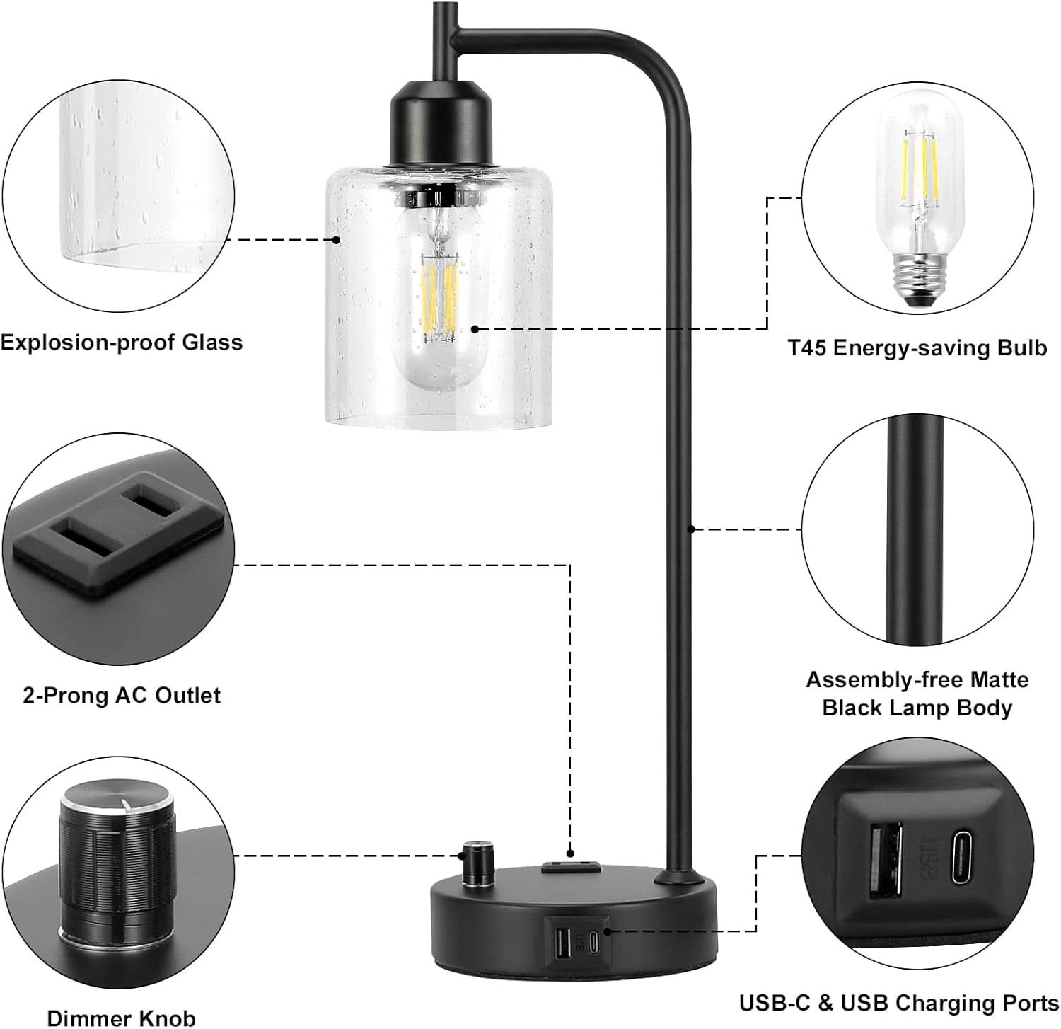 Industrial Table Lamps 2 Pack Black Dimmable USB Ports