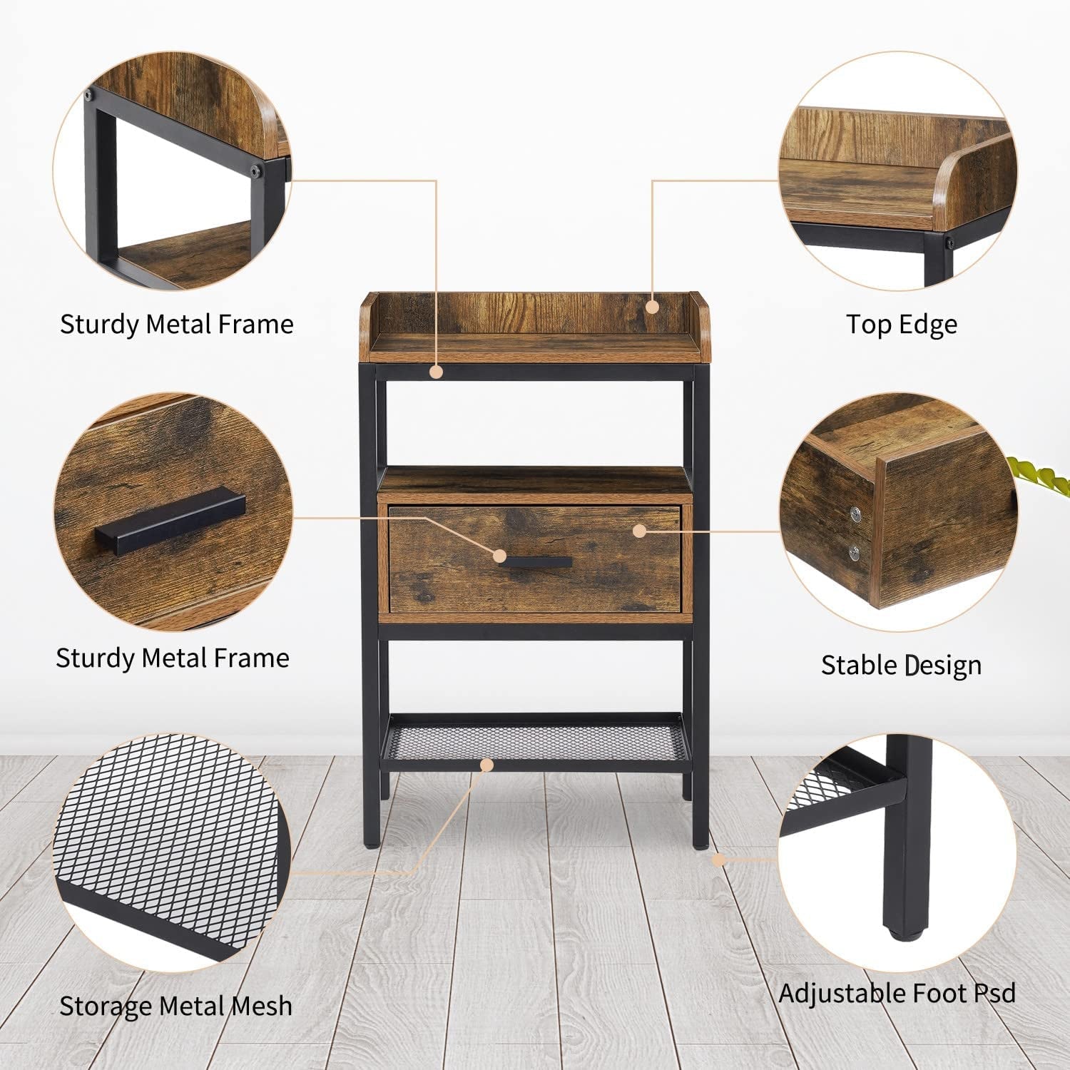 Industrial Three Tier Nightstand Set With Wood Grain Finish