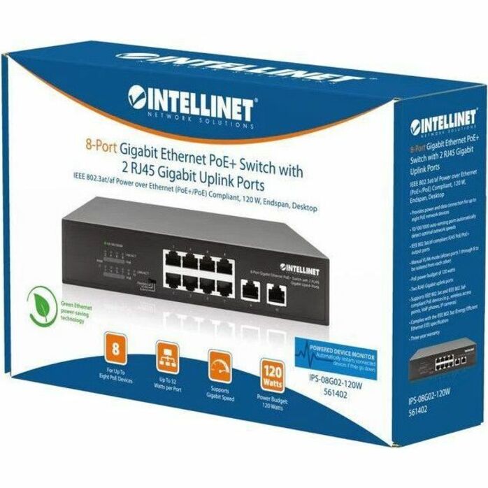Intellinet 8-Port Gigabit Ethernet PoE+ Switch with 2 RJ45 Gigabit Uplink Ports - 10