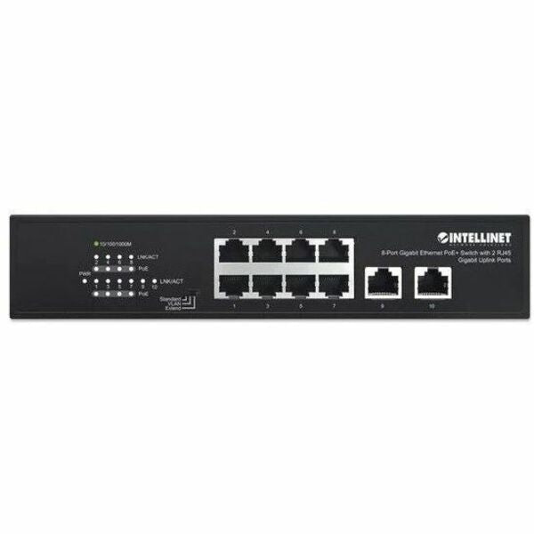 Intellinet 8-Port Gigabit Ethernet PoE+ Switch with 2 RJ45 Gigabit Uplink Ports - 10