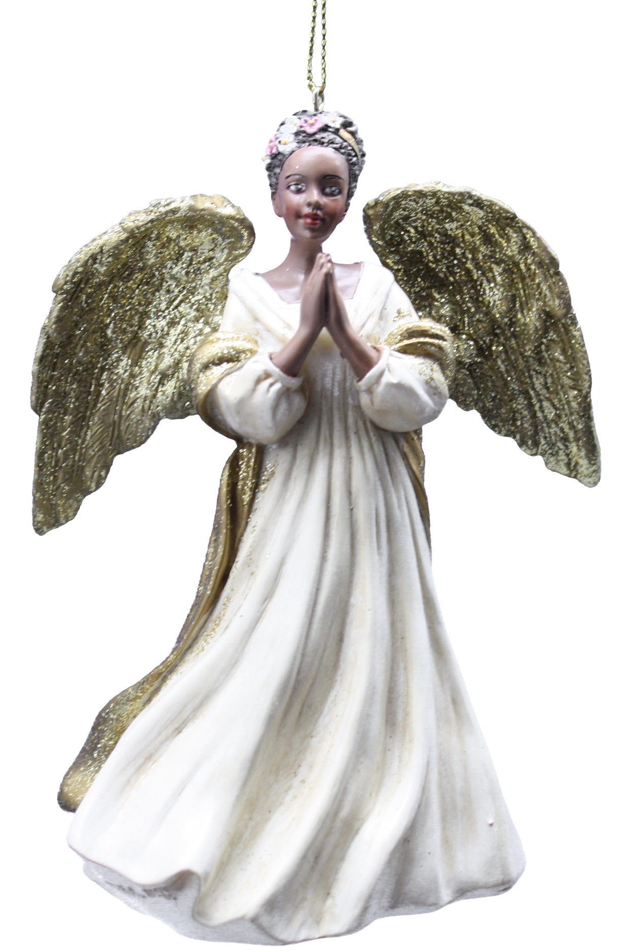 Ivory And Gold African American Angel Ornament - Praying Hands