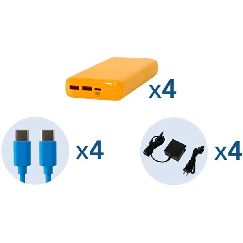 JAR Systems Ready-to-Go Power Bank Kit - KIT4AD45PBYL - 4 Portable, 20,000 mAh Power Banks, 4 USB-C AC Adapter Charging Cables, and 4 USB-C to USB-C Charging Cables