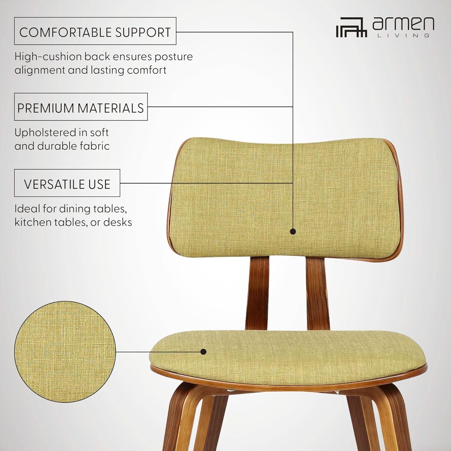Jaguar Mid Century Modern Dining Chair Green Fabric Walnut Wood Finish