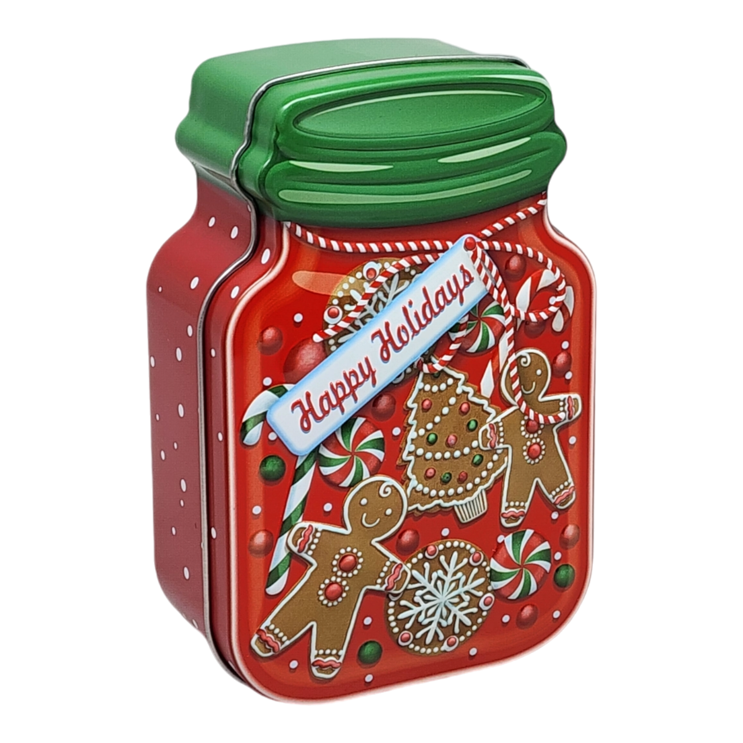 Jar Shaped Christmas Cookie Gift Tin - Happy Holidays Gingerbread
