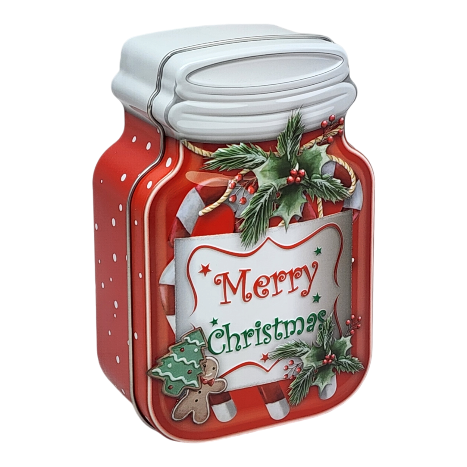 Jar Shaped Christmas Cookie Gift Tin - Merry Christmas Holly