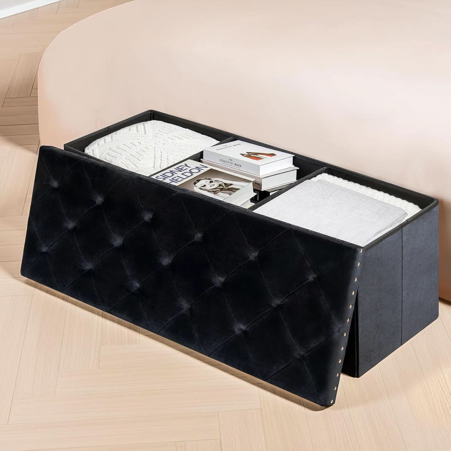 Jet Black Storage Ottoman Bench Seat 43.3 Inch Length