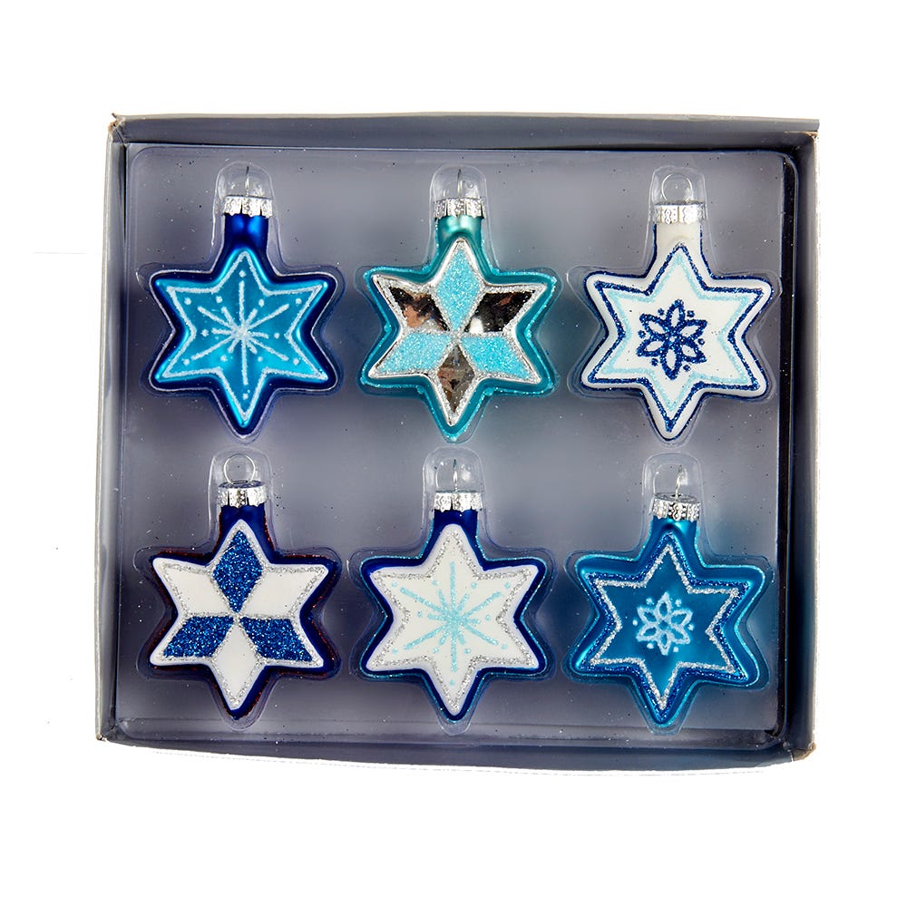 Jewish Stars With Glitter Glass Ornaments - 6 Piece Box Set
