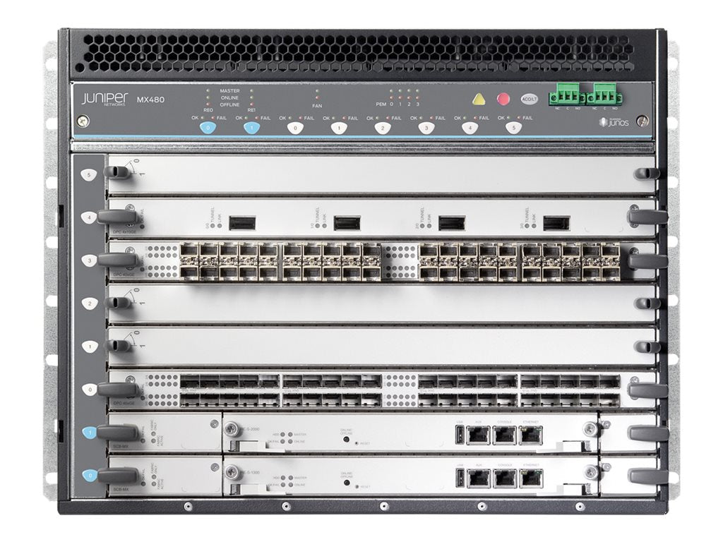 Juniper Networks MX-series MX480 - Router - 40 Gigabit LAN, 100 Gigabit Ethernet, 400 Gigabit LAN - side to side airflow