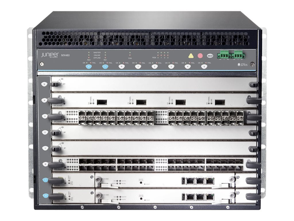 Juniper Networks MX-series MX480 - Router - 40 Gigabit LAN, 100 Gigabit Ethernet, 400 Gigabit LAN - side to side airflow