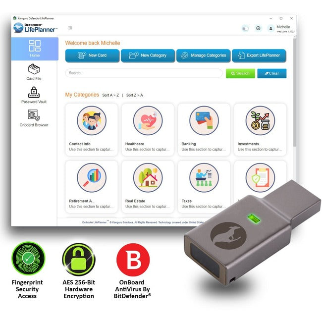 Kanguru Defender LifePlanner 64GB Secure, Personal Life Organizer, Encrypted Flash Drive KLPBE30-64G