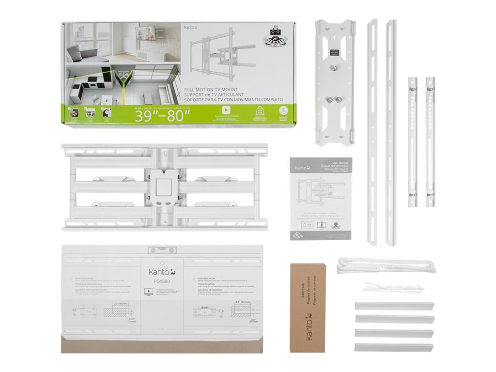 Kanto Full Motion PDX680W - Bracket - full-motion - for TV - solid steel - white - screen size: 39-80" - wall-mountable"