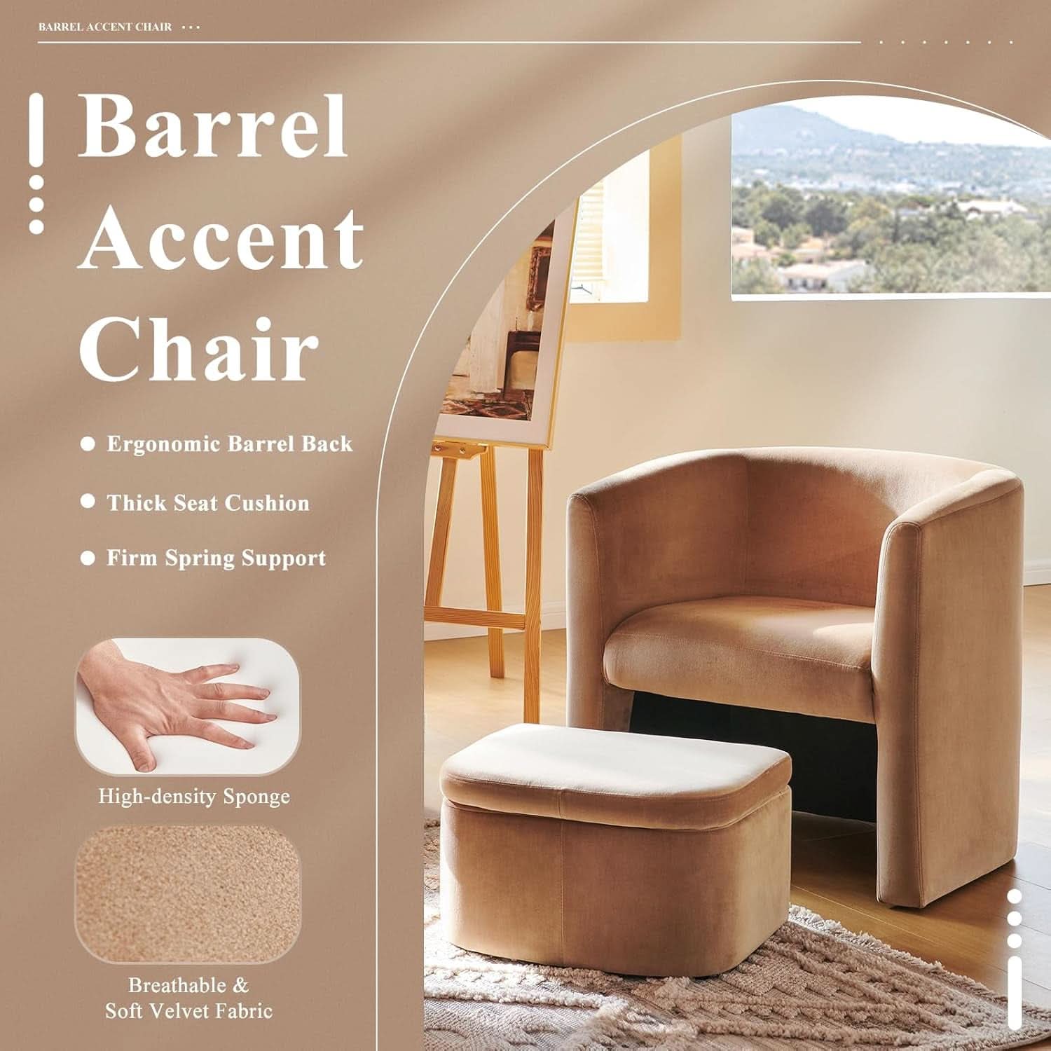 Khaki Velvet Barrel Chair With Storage Ottoman Compact