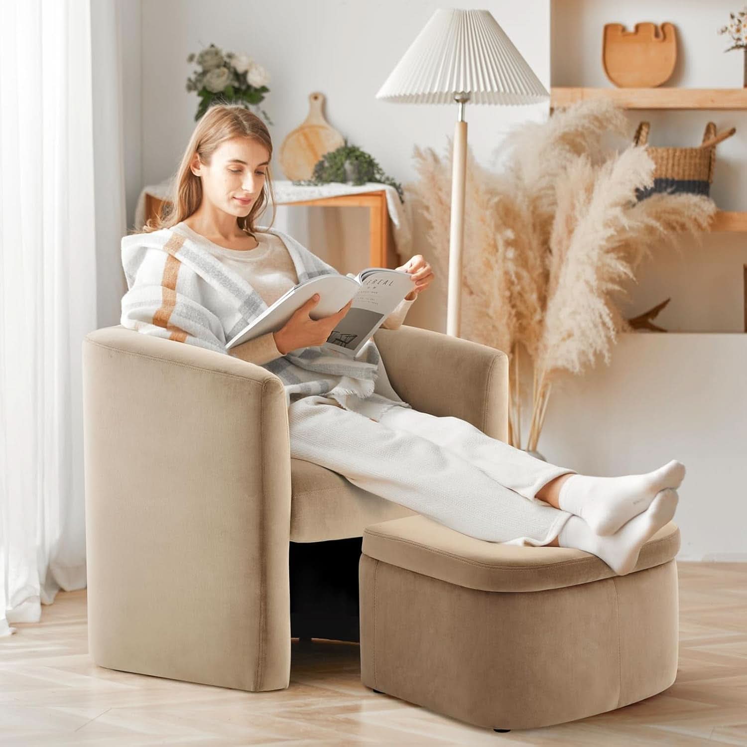 Khaki Velvet Barrel Chair With Storage Ottoman Compact