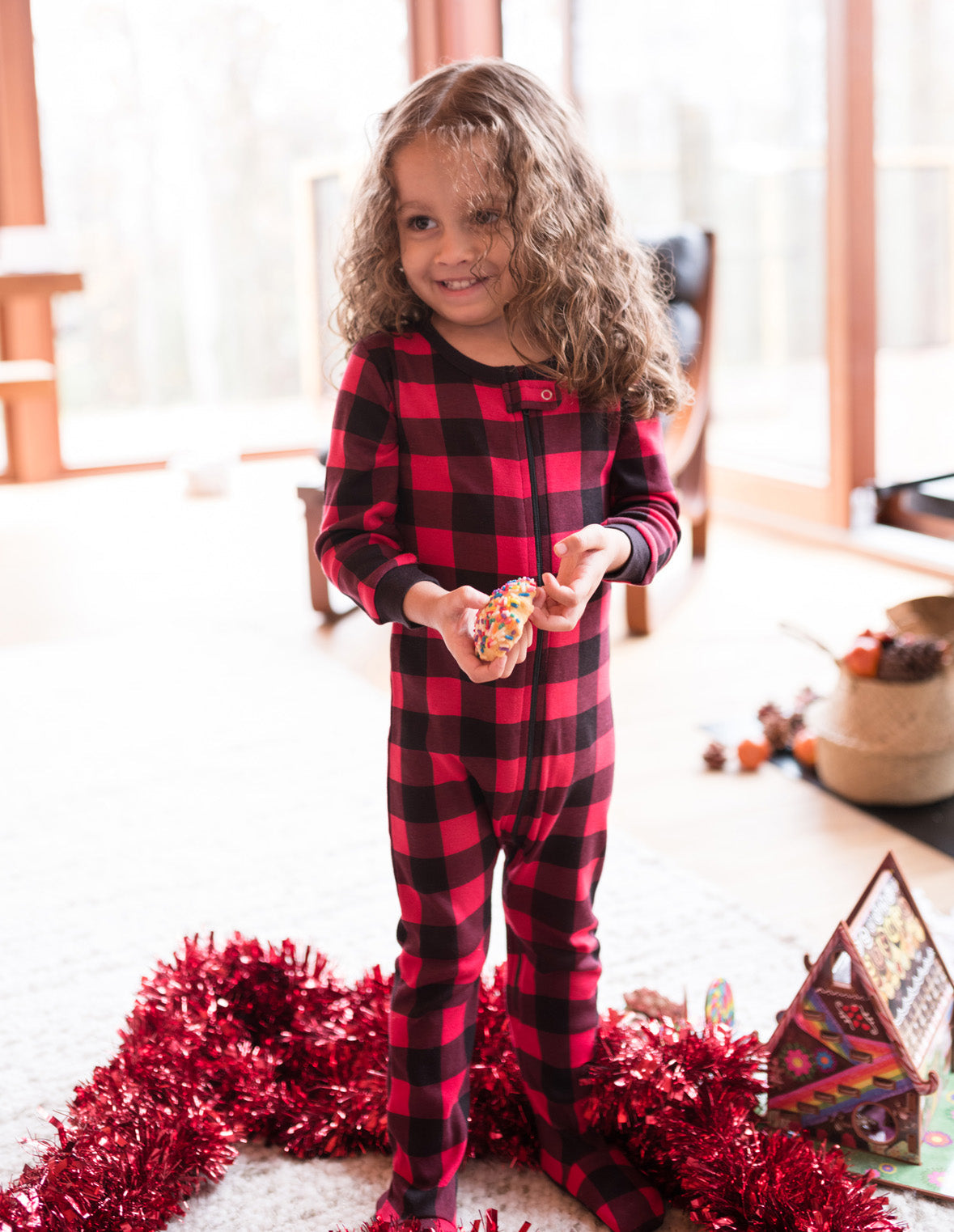 Kids Footed Cotton Pajama Black And Red Plaid -