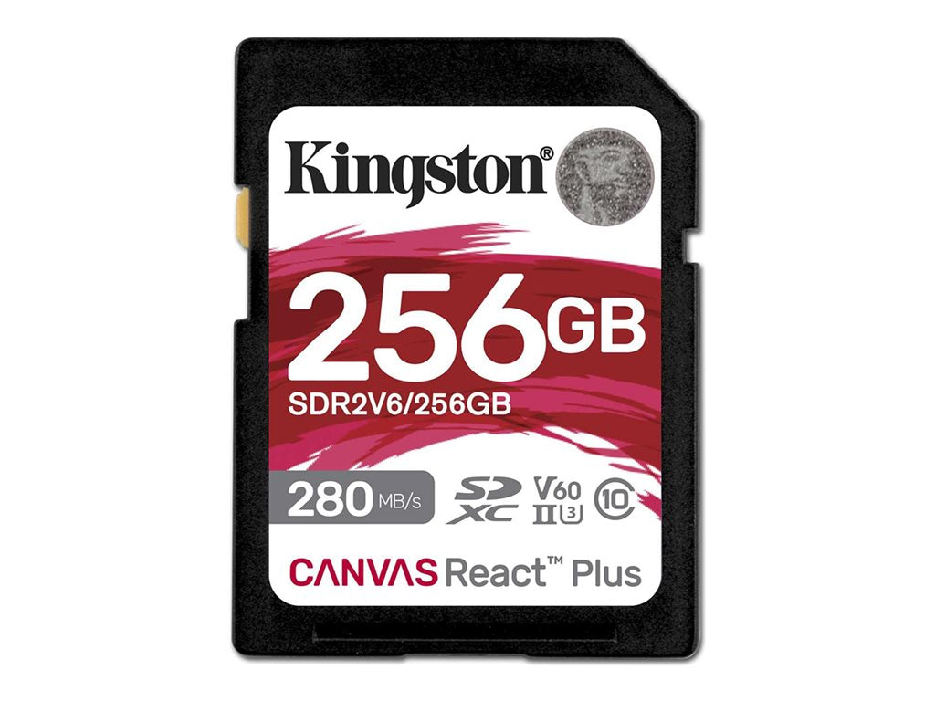 Kingston Canvas React Plus - Flash memory card - 256 GB - Video Class V60 / UHS-II U3 / Class10 - SDXC UHS-II SDR2V6/256GB