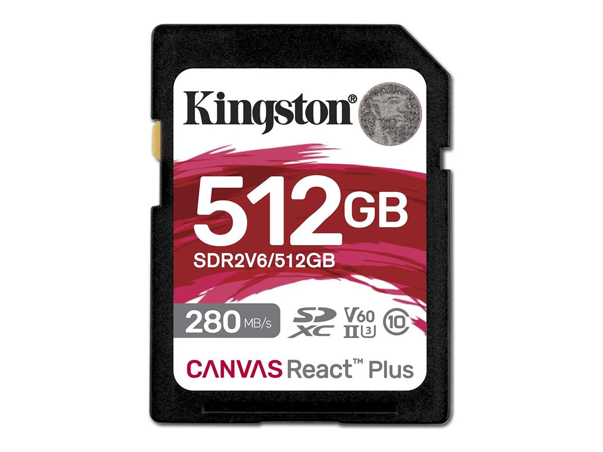 Kingston Canvas React Plus - Flash memory card - 512 GB - Video Class V60 / UHS-II U3 / Class10 - SDXC UHS-II SDR2V6/512GB
