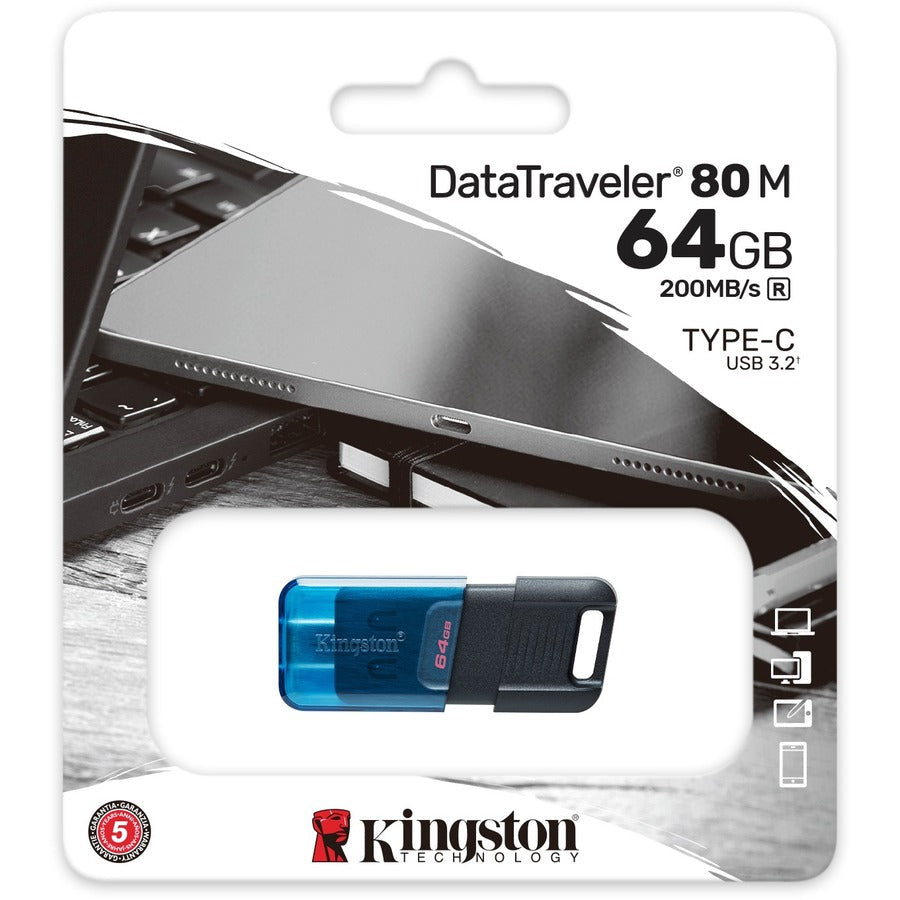 Kingston DataTraveler 80 M 64GB USB 3.2 (Gen 1) Type C Flash Drive - 64 GB - USB 3.2 (Gen