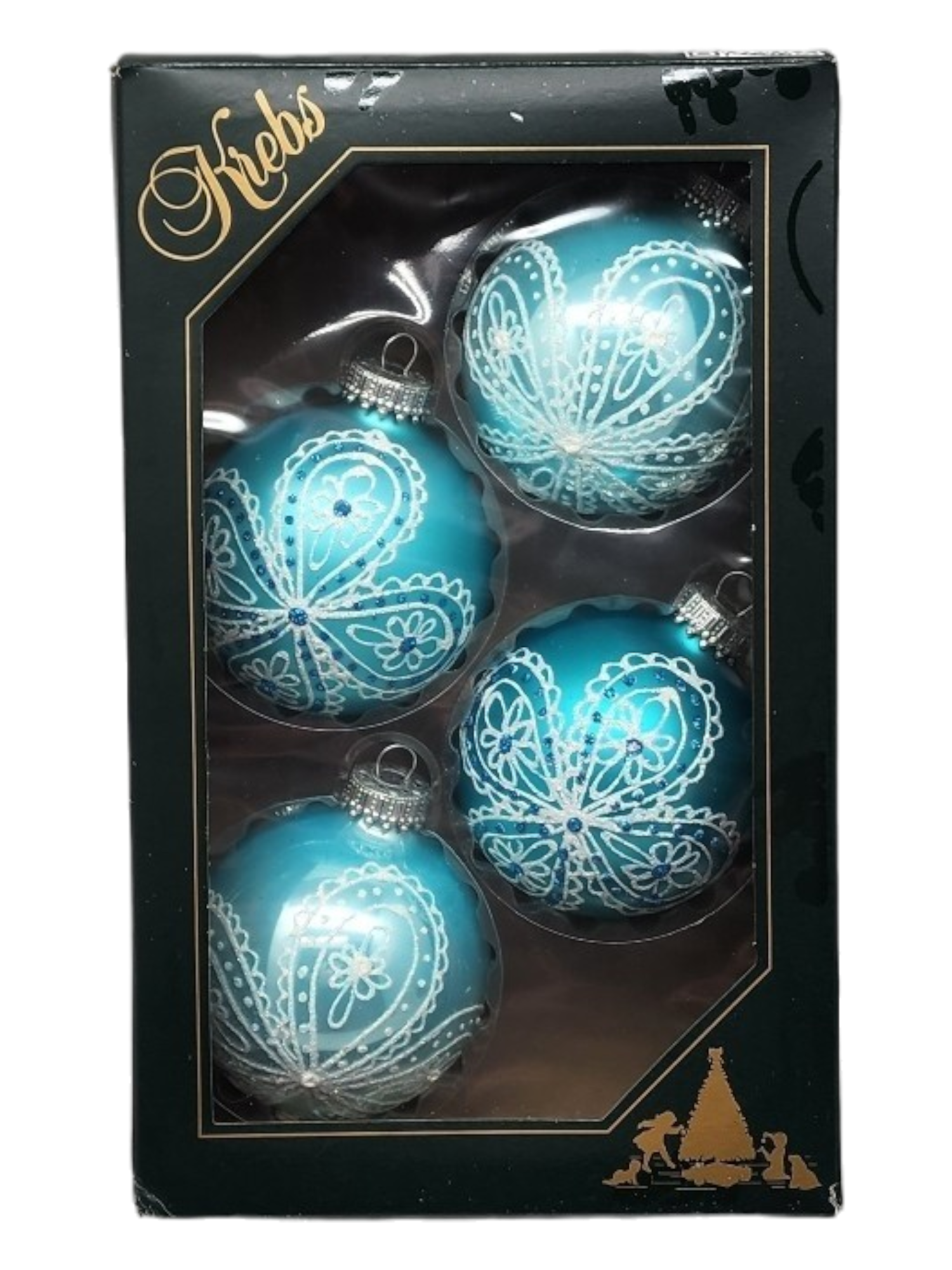 Krebs Value Glass Ball 4 pack - Lace Floral on Turquoise
