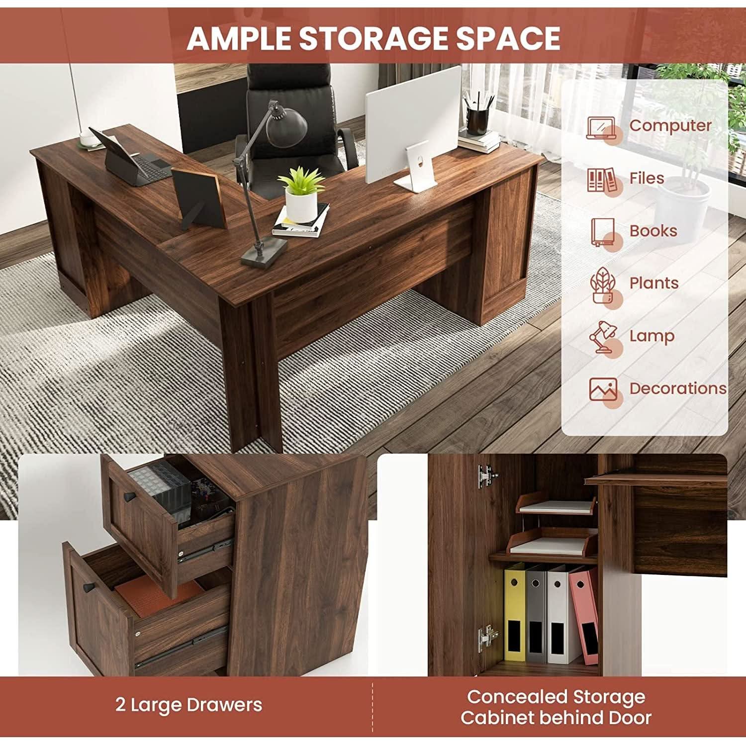 L Shaped 57 Inch Desk With Storage And Keyboard Tray