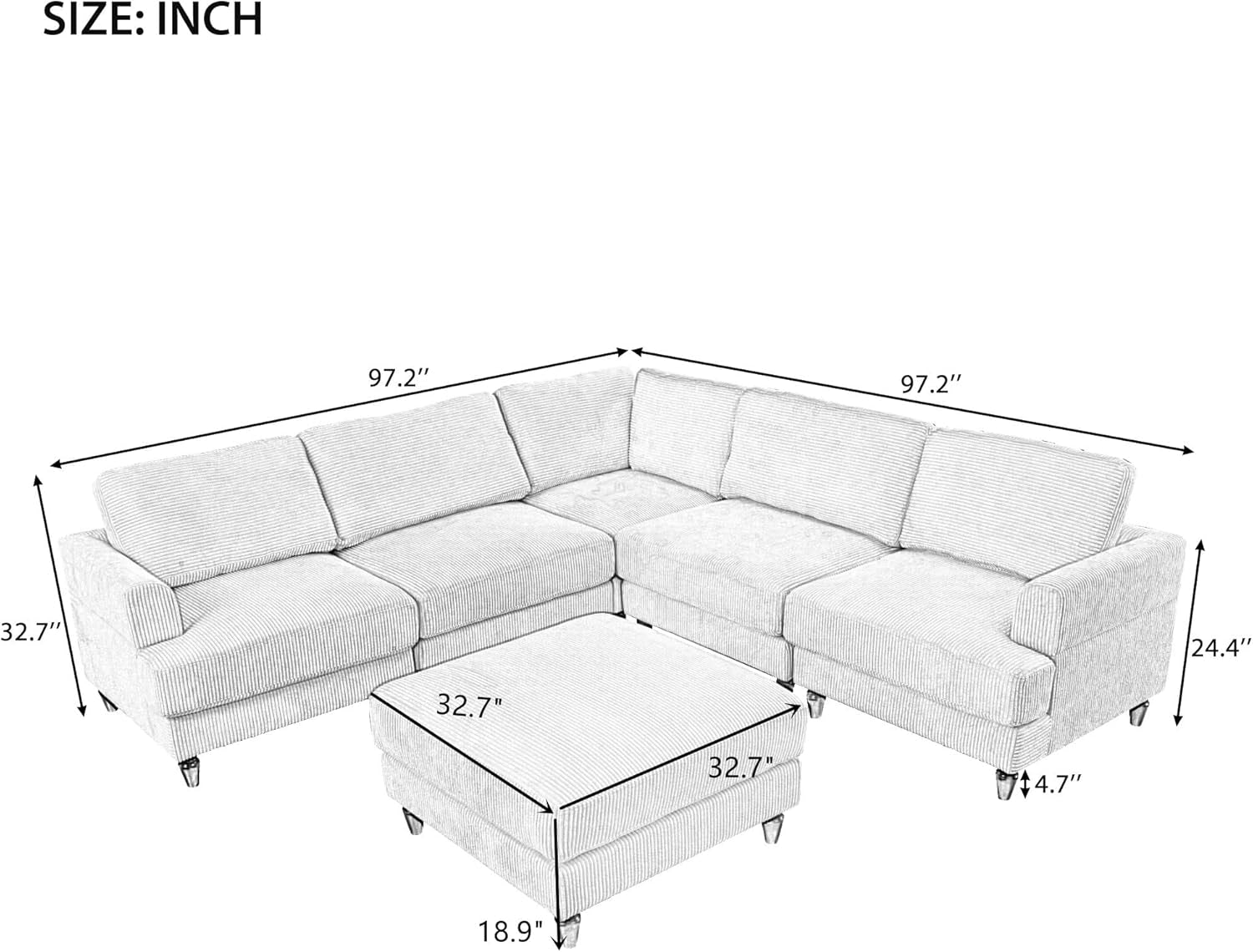 L Shaped Beige Corduroy Sectional Sofa With Ottoman