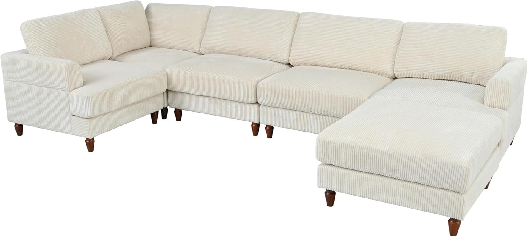 L Shaped Beige Corduroy Sectional Sofa With Ottoman
