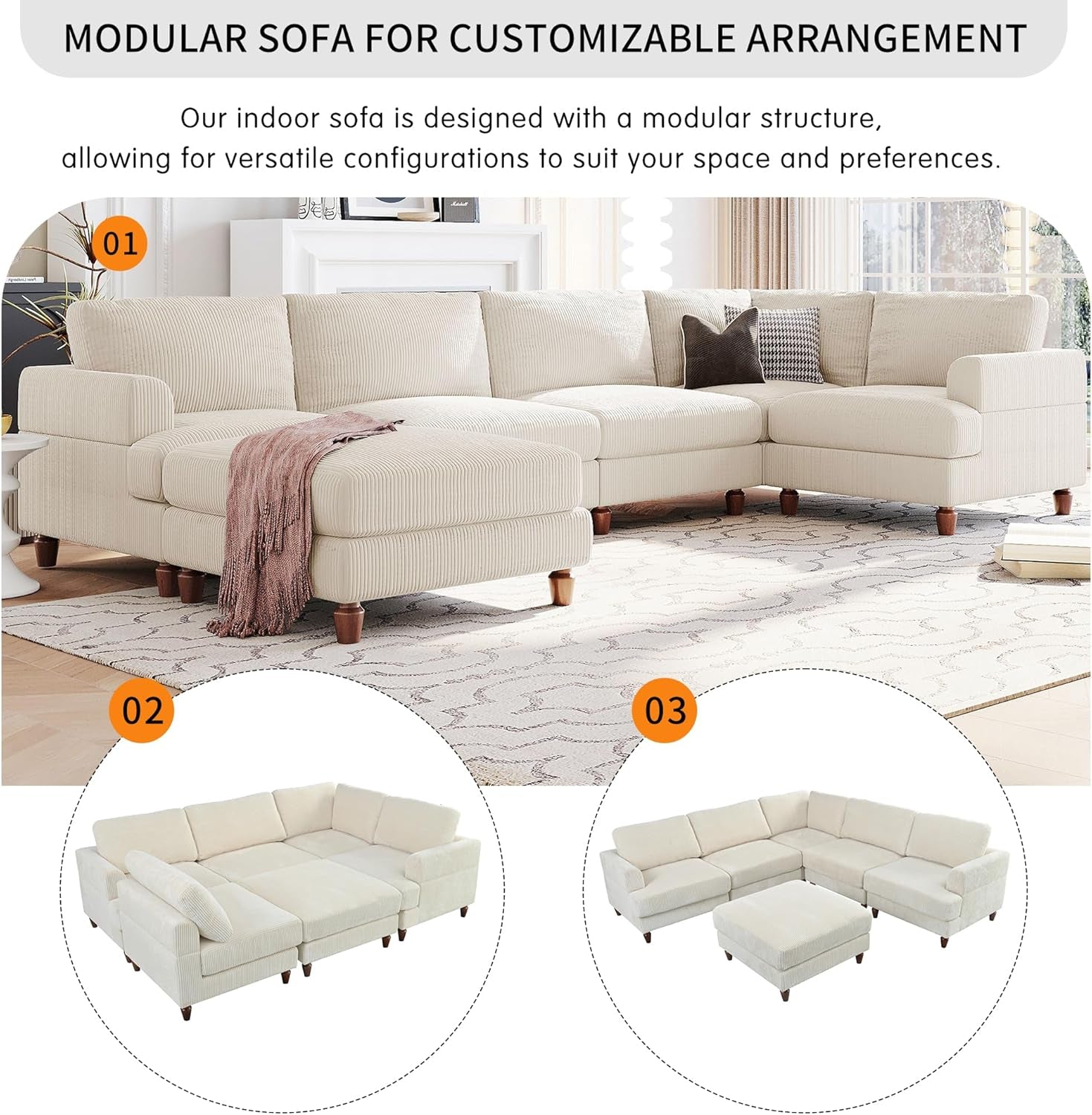 L Shaped Beige Corduroy Sectional Sofa With Ottoman
