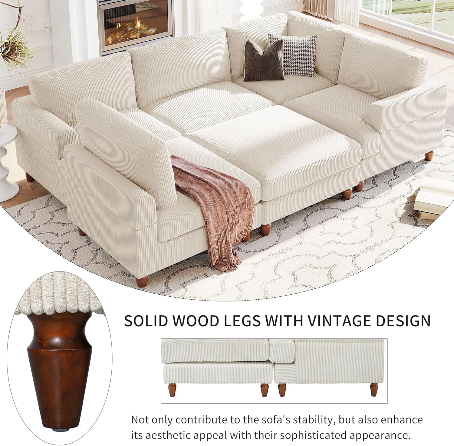 L Shaped Beige Corduroy Sectional Sofa With Ottoman