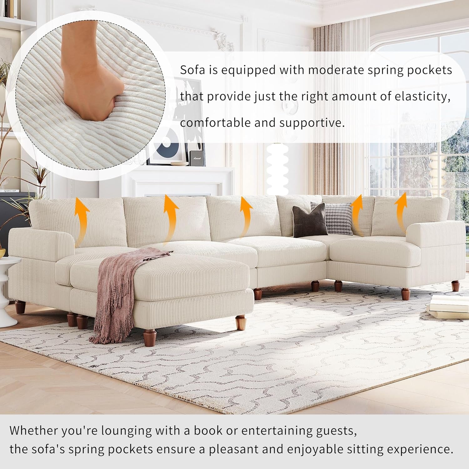 L Shaped Beige Corduroy Sectional Sofa With Ottoman