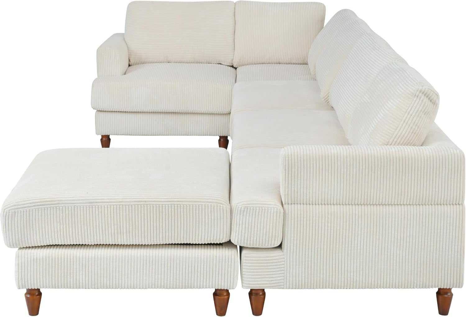 L Shaped Beige Corduroy Sectional Sofa With Ottoman