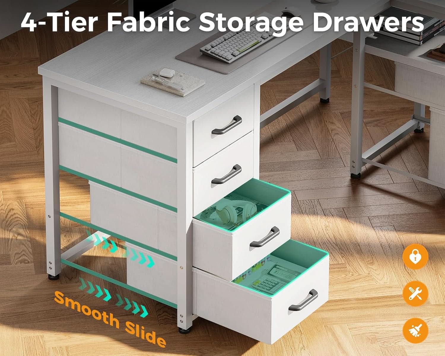 L Shaped Computer Desk 6 Drawers Power Outlet 55In White