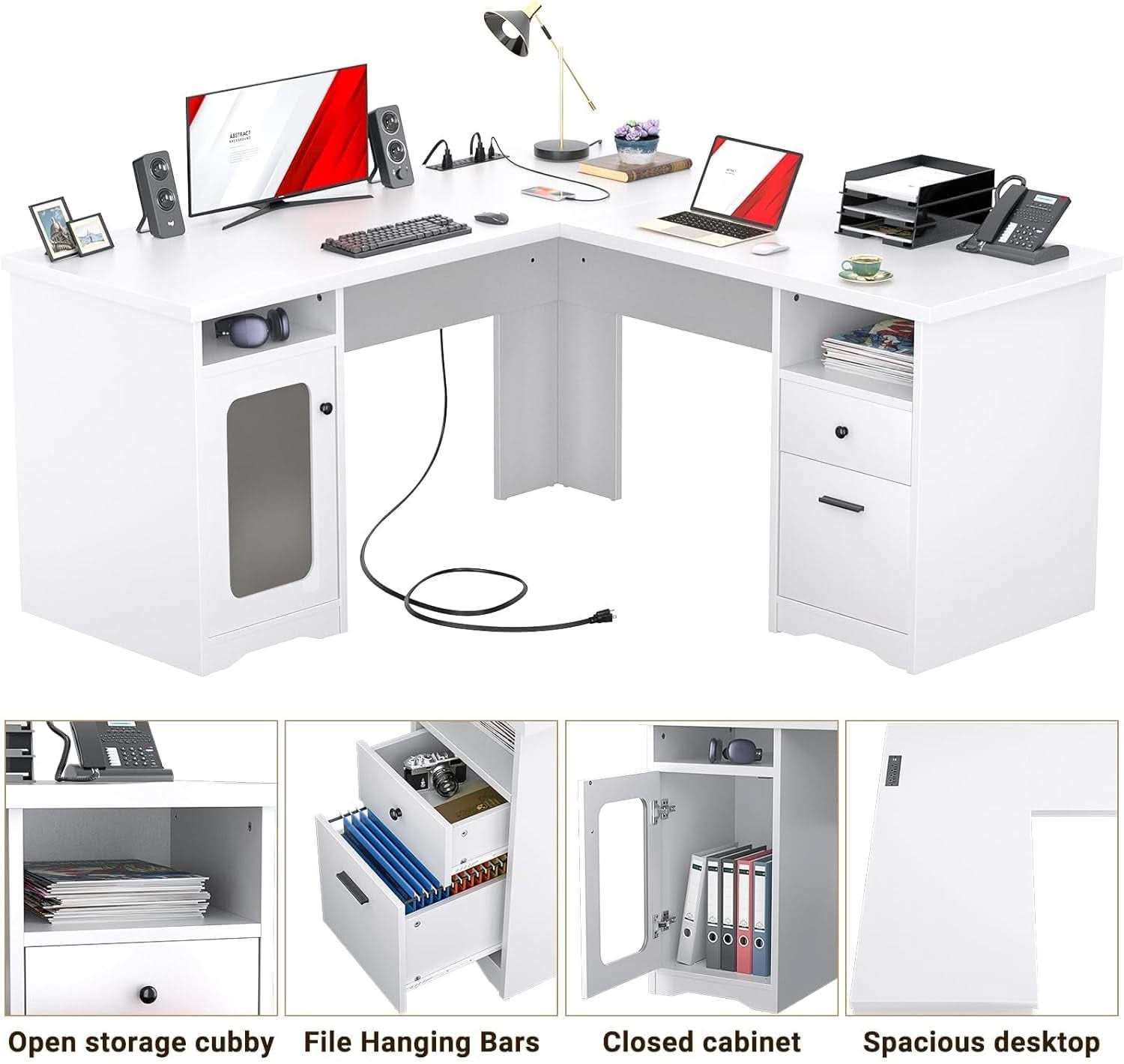 L Shaped Computer Desk with Power Outlets and USB Ports