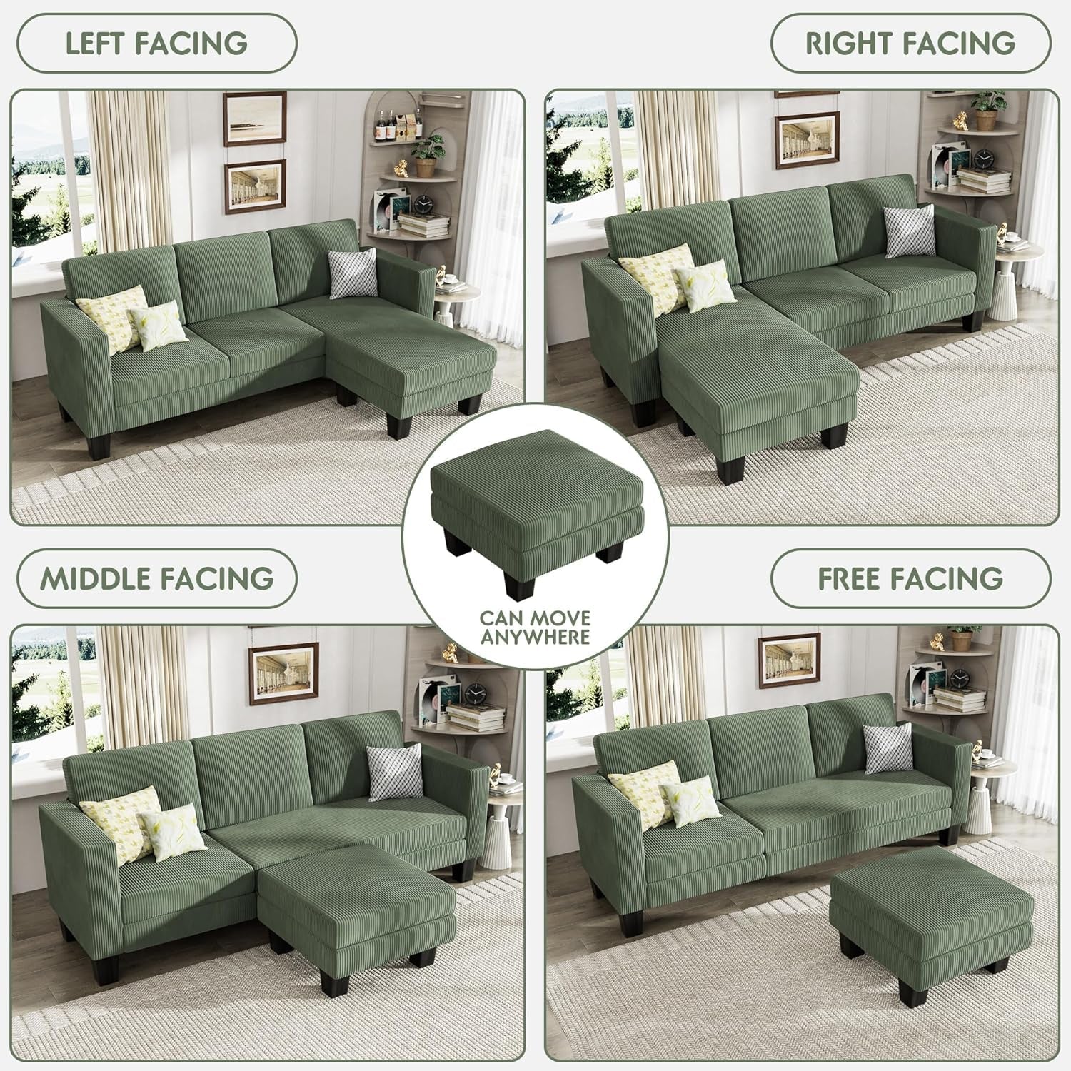 L-Shaped Convertible Sofa 3 Seater In Green With Footrest