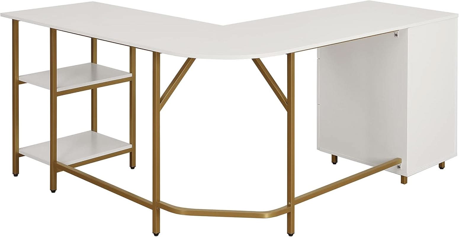 L Shaped Corner Desk Two Tone With Drawers And Shelves For Home Office