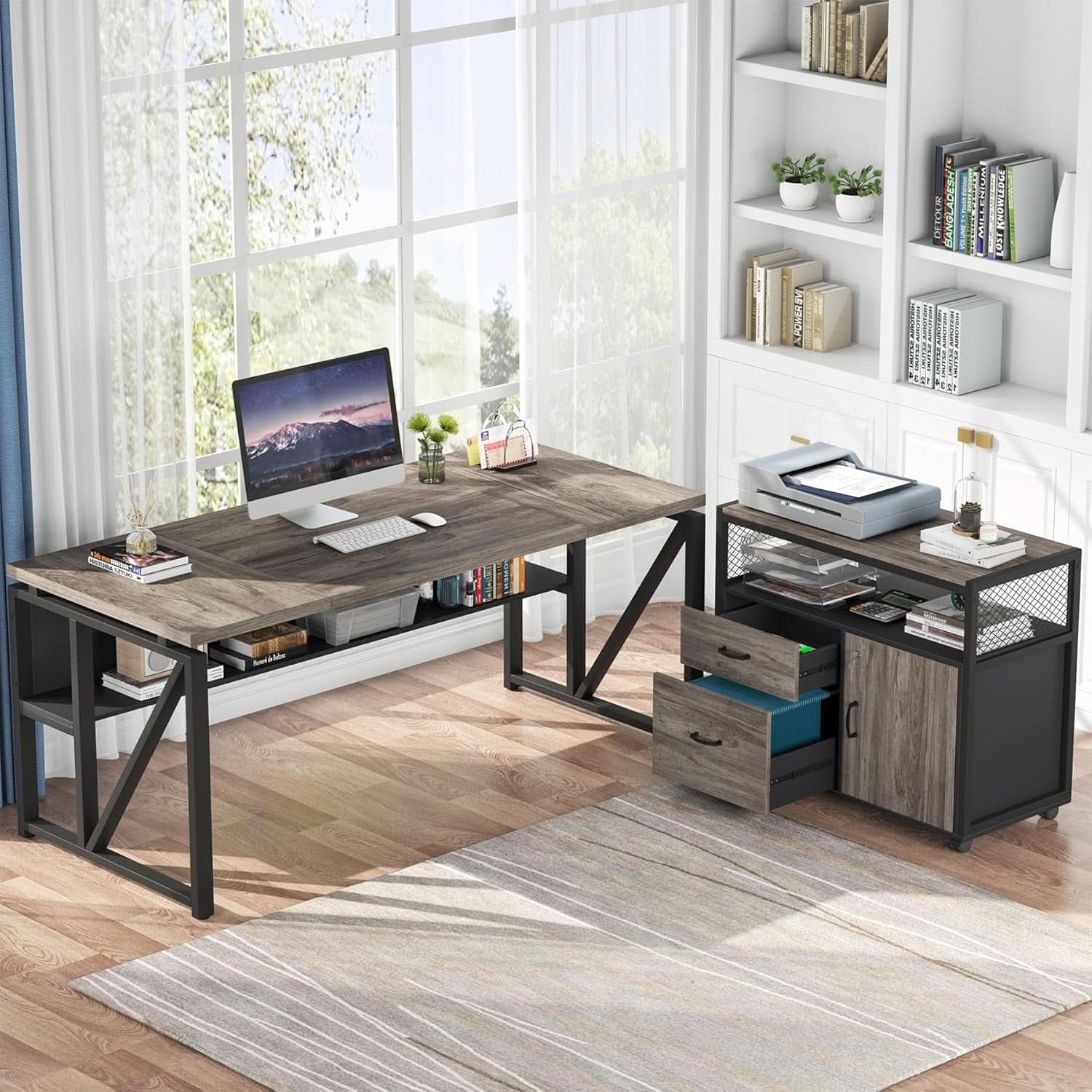 L Shaped Desk With Drawer Cabinet And Lateral File Cabinet 63 Inch Gray
