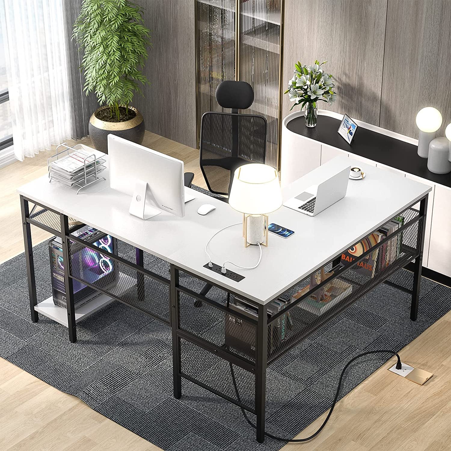 L Shaped Desk With Power Outlets And USB Ports For Office