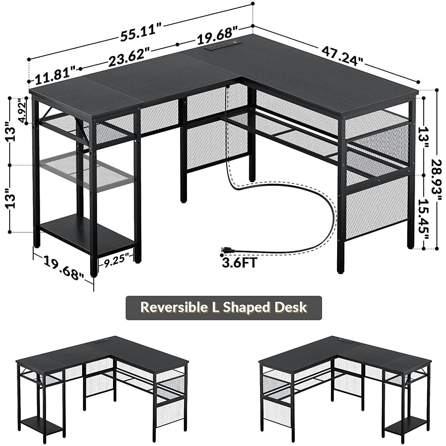 L Shaped Desk With USB Ports And Power Outlet Black