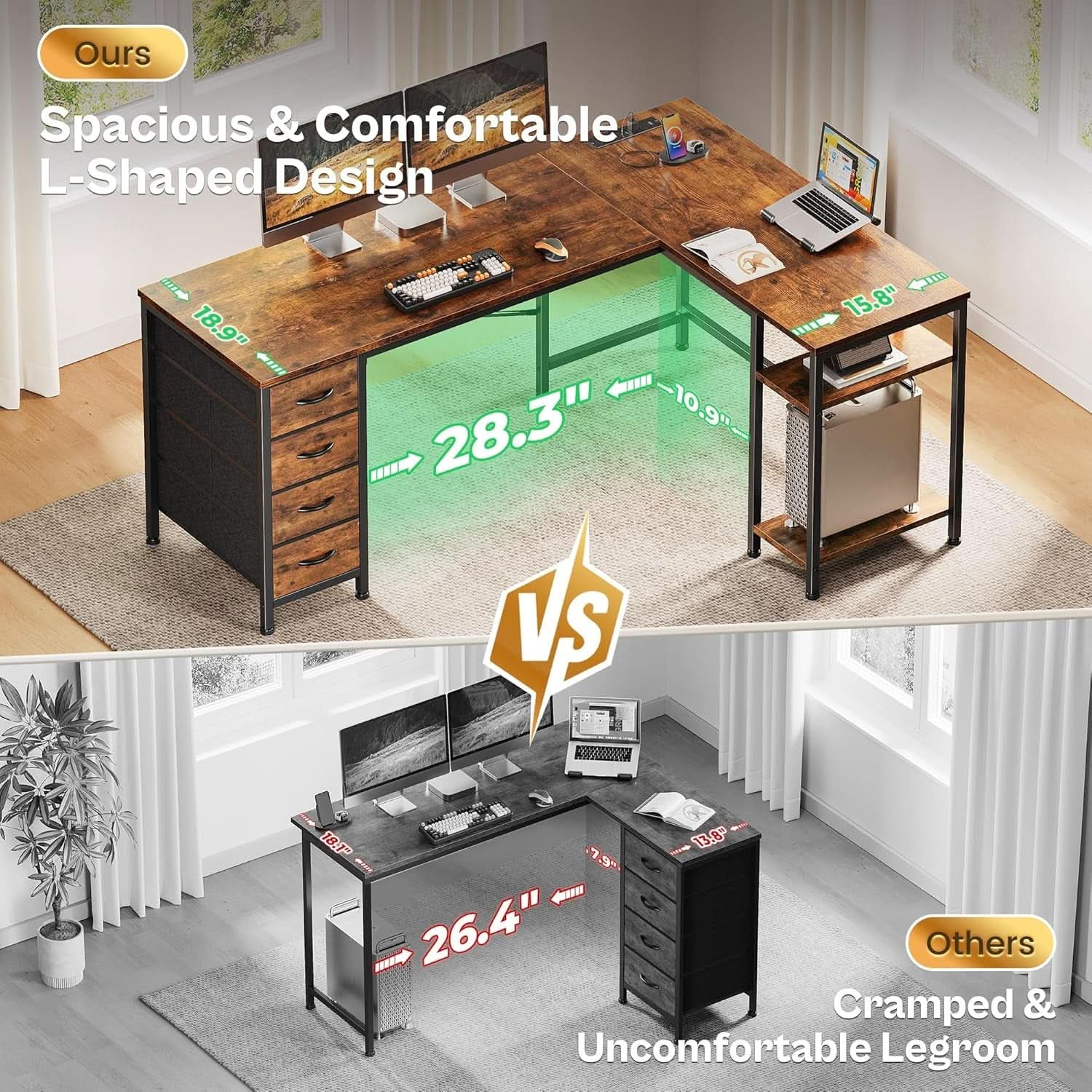 L Shaped Desk with Power Outlets and USB Port